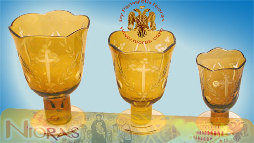 Romanian Orthodox Glass Votives Cups Hand Carved Crosses with Standing Base in Amber Colour